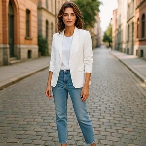 Pookie & Sebastian‎ Ruched Sleeves White Linen Bland Blazer Size M Summer